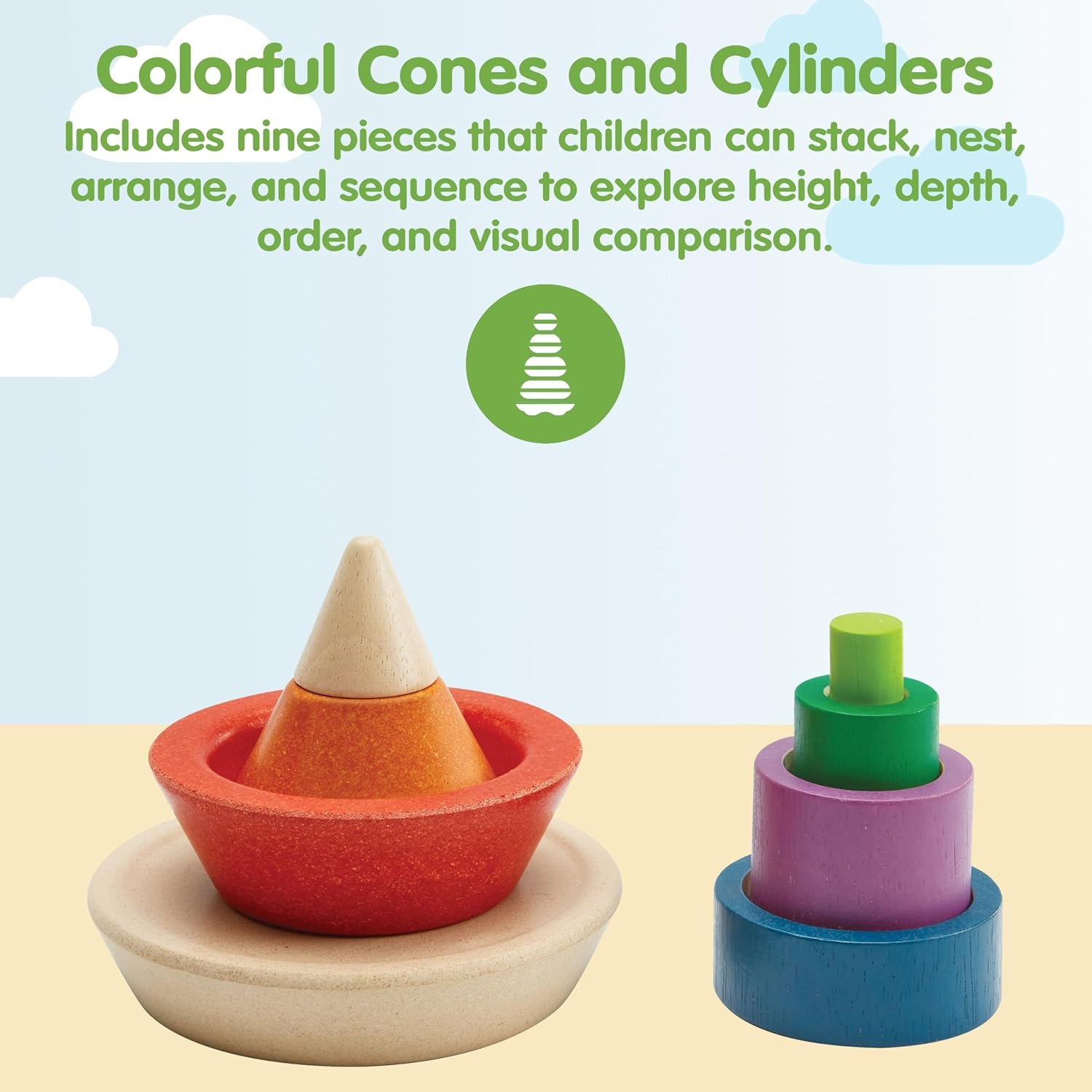 image:imagePlanToys Cone Sorting Wooden Toy Set for Kids Ages 3  Montessori Colour amp Size Recognition Activity for Fine Motor Skills Logic amp Focus  EcoFriendly Educational ToyCone Sorting  Unit Plus