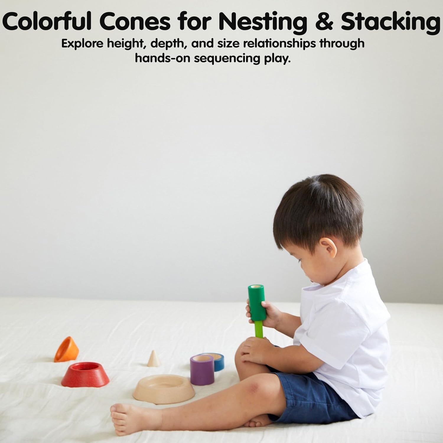 image:imagePlanToys Cone Sorting Wooden Toy Set for Kids Ages 3  Montessori Colour amp Size Recognition Activity for Fine Motor Skills Logic amp Focus  EcoFriendly Educational ToyCone Sorting  Unit Plus