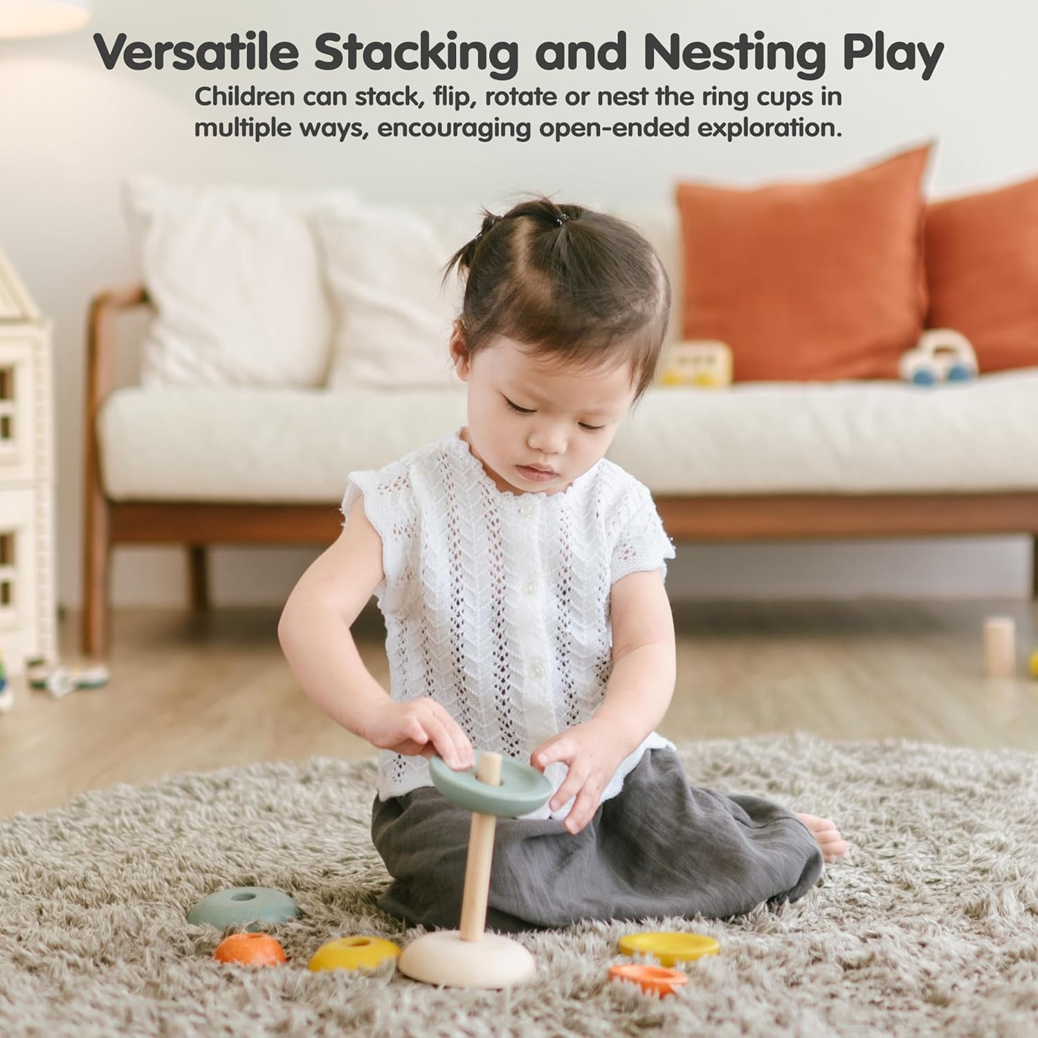 image:imagePlanToys Wooden Stacking Rocket Toy for Toddlers  Montessori Educational STEM Learning Toy  Colorful Wooden Rocket Ship Stacker for Fine Motor Skills Problem Solving Preschool GiftStacking Ring Cups