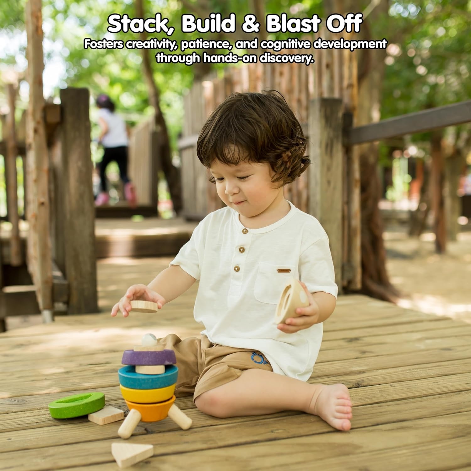 image:imagePlanToys Wooden Stacking Rocket Toy for Toddlers  Montessori Educational STEM Learning Toy  Colorful Wooden Rocket Ship Stacker for Fine Motor Skills Problem Solving Preschool GiftStacking Rocket