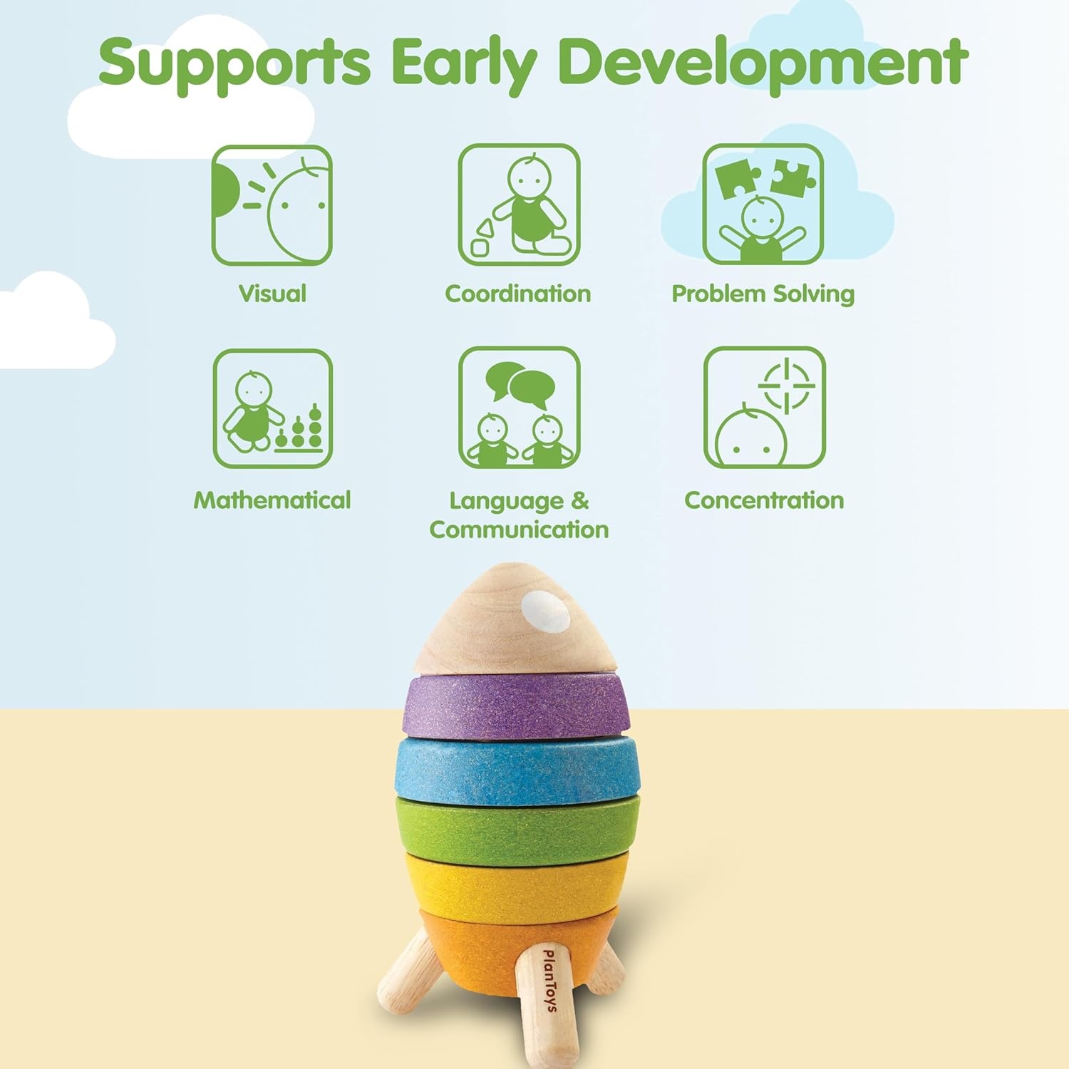 image:imagePlanToys Wooden Stacking Rocket Toy for Toddlers  Montessori Educational STEM Learning Toy  Colorful Wooden Rocket Ship Stacker for Fine Motor Skills Problem Solving Preschool GiftStacking Rocket