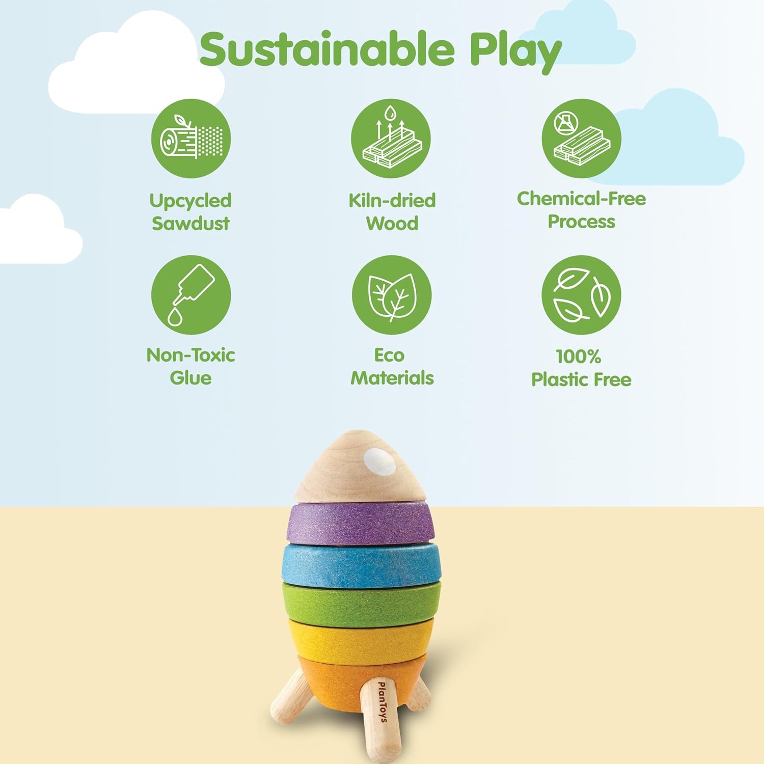 image:imagePlanToys Wooden Stacking Rocket Toy for Toddlers  Montessori Educational STEM Learning Toy  Colorful Wooden Rocket Ship Stacker for Fine Motor Skills Problem Solving Preschool GiftStacking Rocket