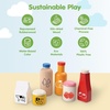 image:imagePlanToys Wooden Food amp Beverage Pretend Play Set  Montessori Kitchen Toys for Toddlers amp Kids  EcoFriendly Wooden Role Play Food  Includes Milk Carton Juice Water Ketchup Jam amp Honey