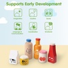 image:imagePlanToys Wooden Food amp Beverage Pretend Play Set  Montessori Kitchen Toys for Toddlers amp Kids  EcoFriendly Wooden Role Play Food  Includes Milk Carton Juice Water Ketchup Jam amp Honey