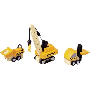 image:imagePlanToys 3 Piece Road Construction Vehicle Set 6087  Sustainably Made from Rubberwood and NonToxic Paints and DyesRoad Construction Vehicle
