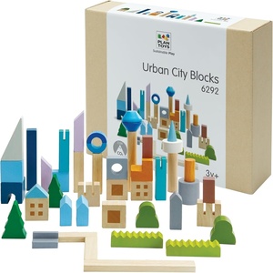 image:imagePlanToys Urban City Blocks Wooden Montessori Construction Set  Imagination Creative Play and Early Language Exploration  Eco Friendly Building Block Set with 45 Pieces