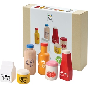 image:imagePlanToys Wooden Food amp Beverage Pretend Play Set  Montessori Kitchen Toys for Toddlers amp Kids  EcoFriendly Wooden Role Play Food  Includes Milk Carton Juice Water Ketchup Jam amp Honey