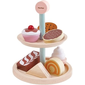 image:imagePlanToys Wooden TwoTier Bakery Stand Set with Baked Food Items 3489  Sustainably Made from Rubberwood and NonToxic Paints and Dyes