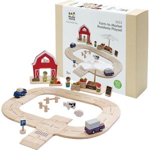 image:imagePlanToys Wooden Farm to Market Roadway Playset Montessori Kids Farm Play  toy cars toy car track animals girls boys imaginative fine motor problem solving role gift preschool set family fun