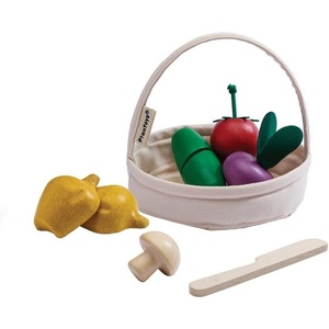 image:imagePlanToys Wooden Rainbow Veggie Basket Montessori Kids Kitchen Play Set  cutting sorting knife fruit basket pretend food girls boys cognitive fine motor role play social gift preschool set