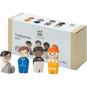image:imagePlanToys Wooden 4 Piece Service Crew 6268  Sustainably Made from Rubberwood and NonToxic Paints and Dyes  poseable figures pretend play toys girls boys imaginative role storytelling social interaction gift preschool learningTradesman
