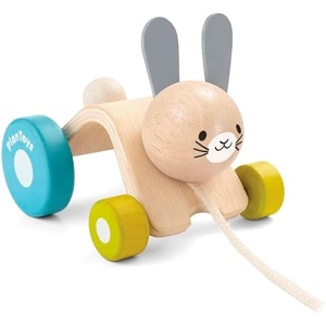 image:imagePlanToys Hopping Rabbit Pull Toy  Sustainably Made from Rubberwood Featuring OrganicPigment Coloring and WaterBased Dyes with Hopping Action when Pulled