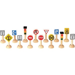 image:imagePlanToys Wooden 14 Piece Set of Traffic Signs amp Lights 6010  Sustainably Made from Rubberwood and NonToxic Paints and Dyes