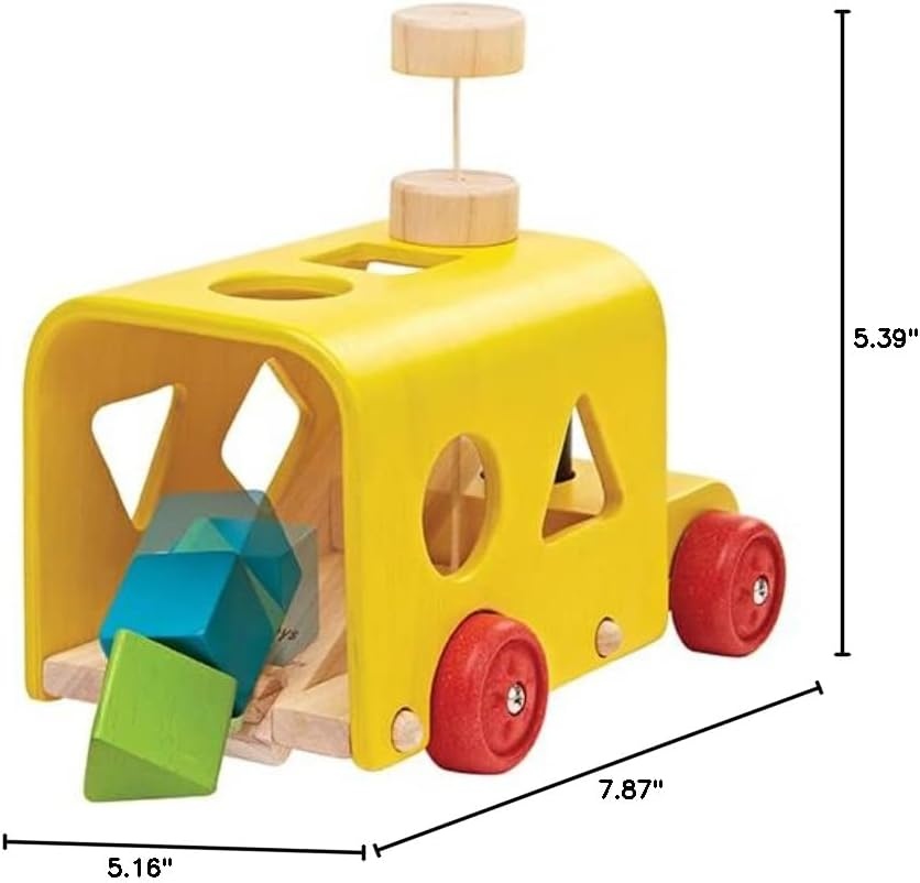 image:imagePlanToys Sorting Bus Pull Toy  Sustainably Made from Rubberwood Featuring OrganicPigment Coloring and WaterBased Dyes with 3 Colorful Shapes and PullAlong Bus