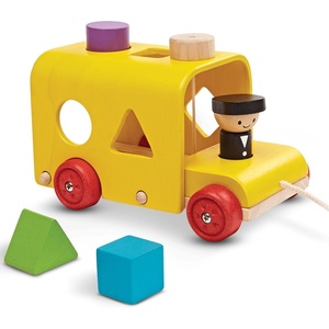 image:imagePlanToys Sorting Bus Pull Toy  Sustainably Made from Rubberwood Featuring OrganicPigment Coloring and WaterBased Dyes with 3 Colorful Shapes and PullAlong Bus